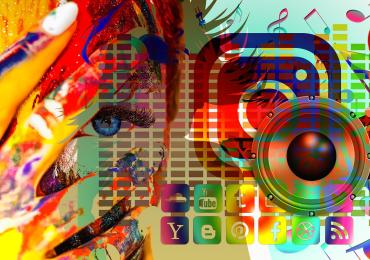 bright colours and splashes of plaint with part of a face and social media icons